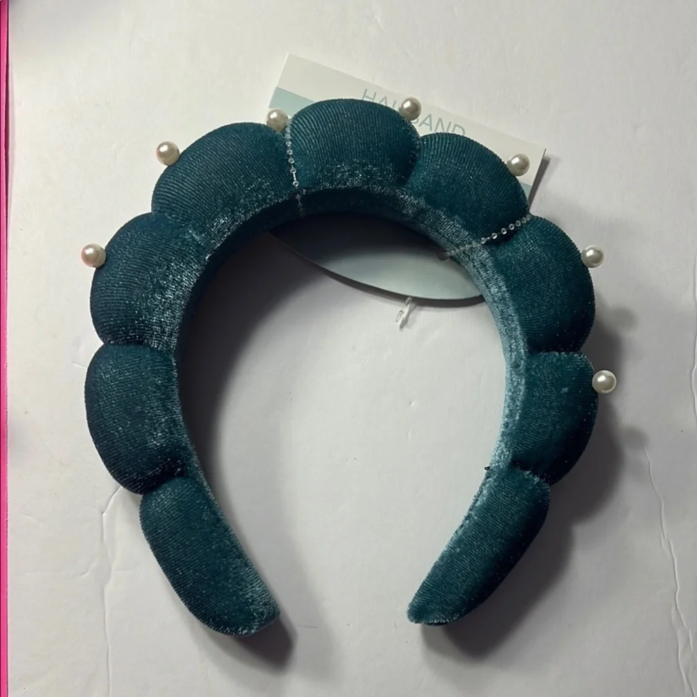 🫖🍵 Self care Kit Teal Velvet Headband wit Pearls with basket and jojoba rose oil